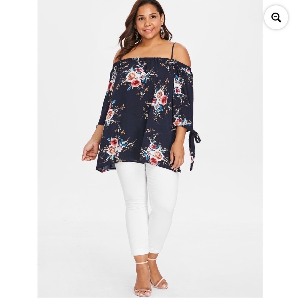 NEW Navy Floral Off Shoulder Blouse Plus Size 3/4 Sleeve Tie Detail Tunic Top